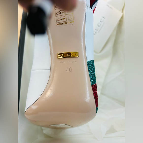 Gucci White Sylvie Slingback Heels Red Green Glitter - Picture 8 of 8